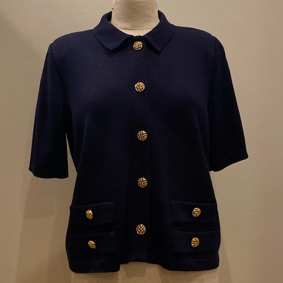Mita Vintage Womens Navy Short Sleeve Knit Top Blazer w gold Buttons / Size 14 - Picture 2 of 9